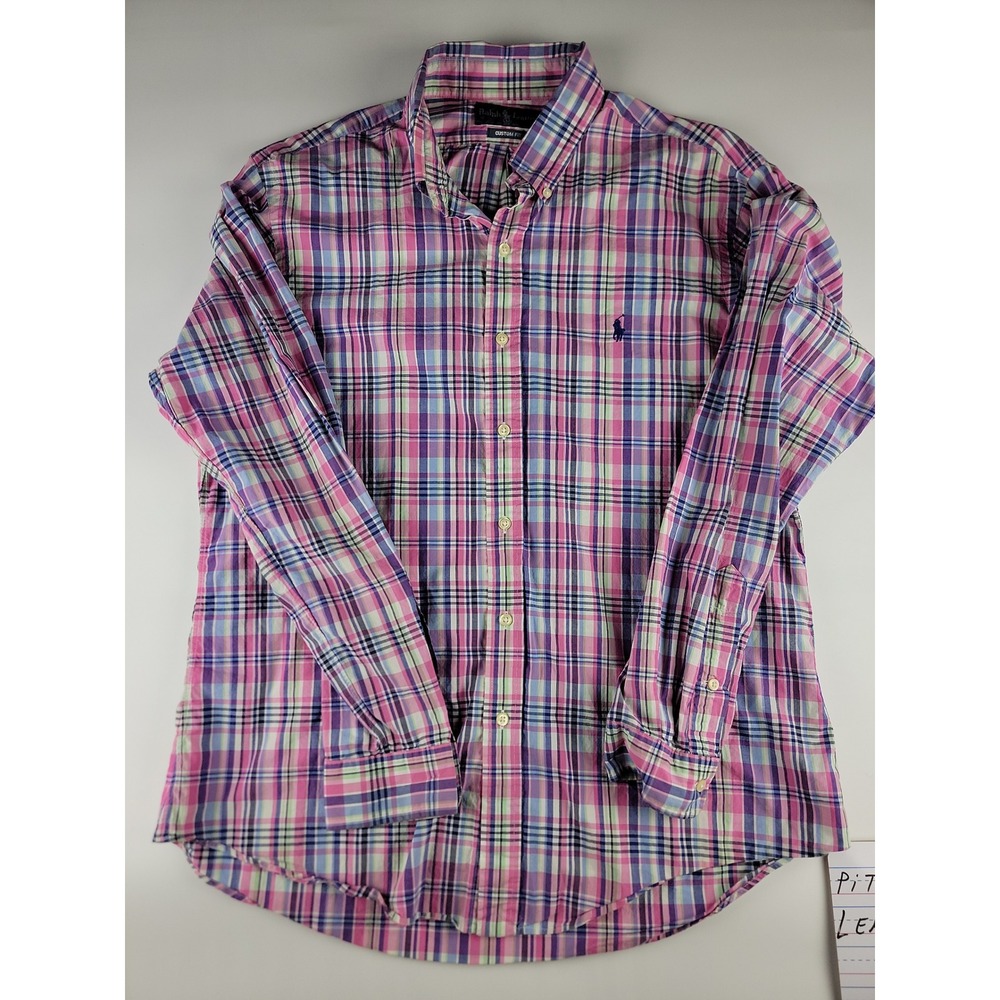 Ralph Lauren Custom Fit Plaid Button Down Shirt Men Size L Pink Blue Green